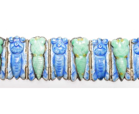 A Chinese gilt white metal, blue enamel and green hardstone set 'cicada' bracelet, 18cm.