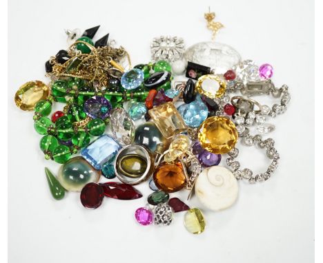 Assorted unmounted cut gemstones including rutilated quartz and other costume jewellery including 925 and paste set tennis br