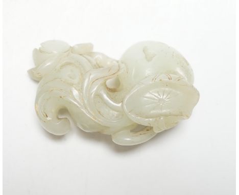 An 18th/19th century Chinese jade finial carving of a lotus node, flower and leaf, 6cm