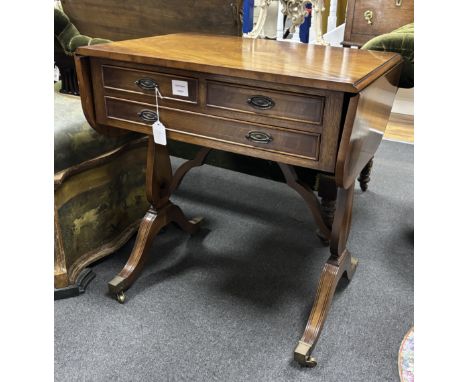 A small reproduction Regency style mahogany sofa table, width 68cm, depth 46cm, height 72cm