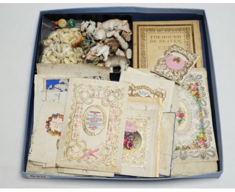 A collection of bisque miniature animals, shells and various Victorian Valentine and other greetings cards