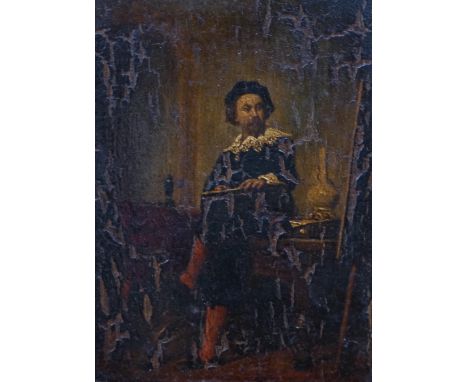19th century School, oil on panel, Full length portrait of a cavalier in an interior, 16 x 11cm, ornate gilt frame