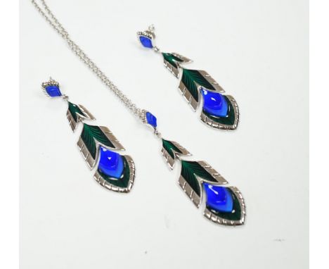A modern Lalique 925, enamel and glass set pendant necklace, 66cm and a pair of matching earrings.