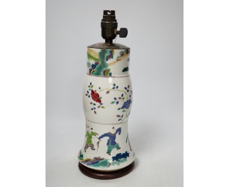 An early 19th century Chinese famille rose gu vase, converted to a lamp, reduced, apocryphal Kangxi mark, overall 35cm high