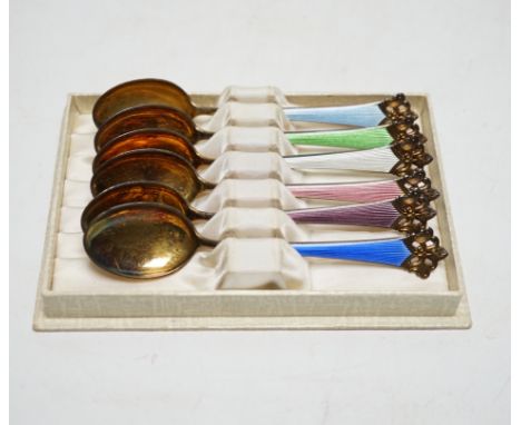 A cased set of six Norwegian gilt sterling and polychrome enamel teaspoons, 11.1cm.