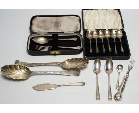 Assorted silver and white metal flatware, including four 18th base mark silver spoons, 20cm, cased coffee spoons and christen
