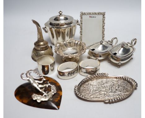 Sundry small silver etc. including an Edwardian silver tea caddy, London, 1902, 98mm, napkin rings including Persian white me