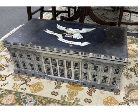 A 19th century pine trunk, later painted with a depiction of The White House and an American crest, width 88cm, depth 46cm, h