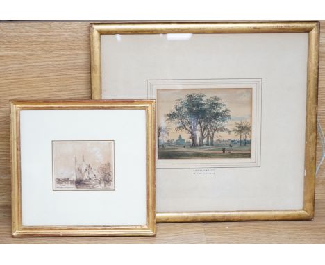 John Varley RWS (1778-1842), watercolour, Figures in a park, together with a pen and ink sketch, Thames barge at anchor, one 
