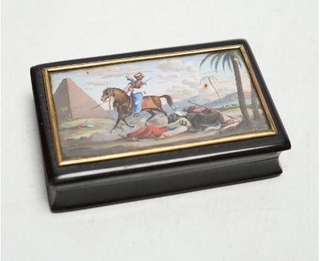 * * A 19th century tortoiseshell table snuff box, the hinged lid painted with an Egyptian battle scene, 9cm wide x 5.5cm deep