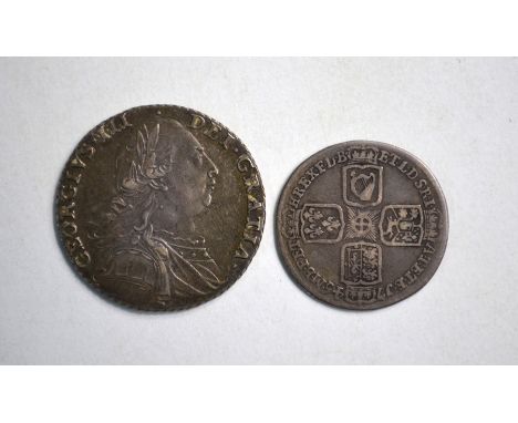A 1787 shilling ef, retaining some patina, to/w a 1745 'Lima' sixpence fair obv f rev. (2)