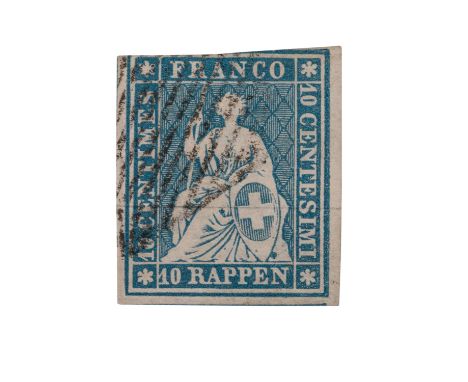 Schweiz - 1854: 10 Rappen preußischblau, Münchner Druck, Münchner Papier, Erstauflage, grüner Seidenfaden, Entwertung durch e