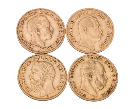 Deutsches Kaiserreich - 4 x 10 Mark, Baden 1893, Preussen 1873/B, 1901, Hessen 1876, s/ss.steuerbefreit nach §25c UStG.| Germ
