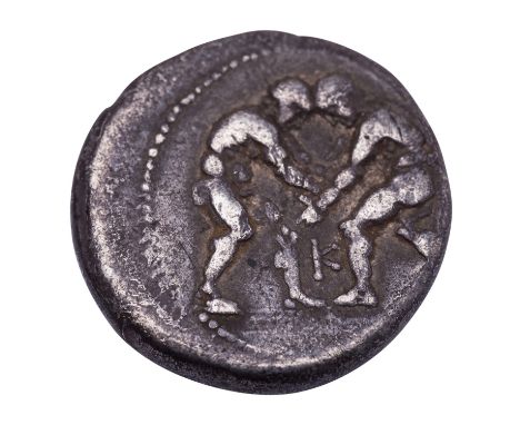 Kleinasien/Pisidien/Selge - Stater 4.Jh.v.Chr., Av: 2 Ringer, K, Rv: Schleuderer n.r., rechts daneben Triskeles, Keule, Speer
