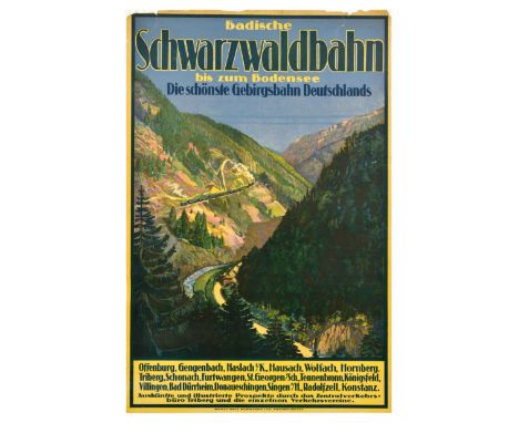 Original vintage travel poster for Badische Schwarzwaldbahn Baden Black Forest Railway to Lake Constance. The most beautiful 