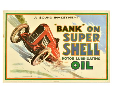 Vintage reproduction of an advertising poster - A sound investment `bank` on super Shell motor lubricating oil - featuring a 