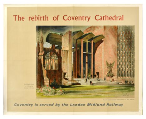 Original vintage travel poster - The Rebirth of Coventry Cathedral - featuring an illustration from the original drawing by S