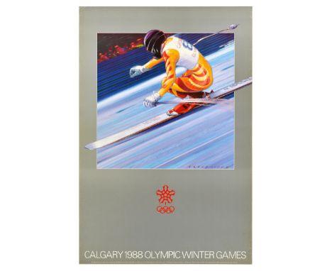 Original vintage sports poster for Calgary 1988 Olympic Winter Games, featuring an image of a skier in an orange ski suit ski