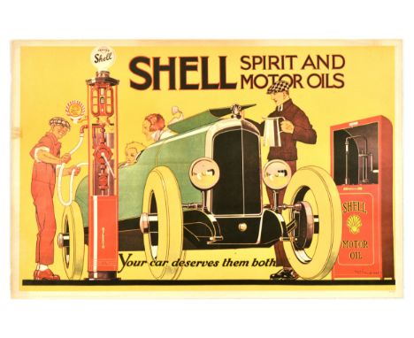 Vintage reproduction of an advertising poster for Shell Spirit and Motor Oils - Your car deserves them both - featuring an il