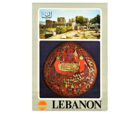 Original vintage travel poster for Lebanon featuring a photograph of people visiting the ancient Royal Necropolis of Byblos, 