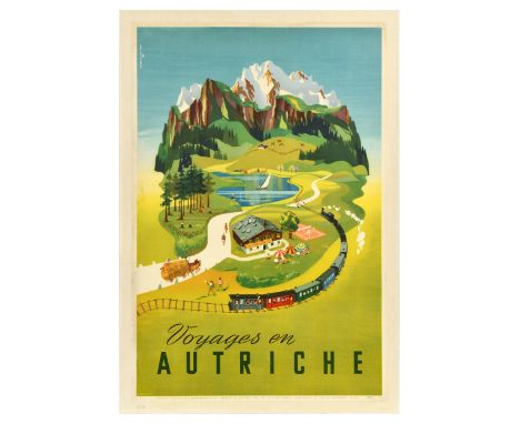 Original vintage travel poster for Trips to Austria / Voyages en Autriche featuring a colourful design depicting people enjoy