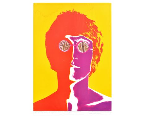 Original vintage music advertising poster featuring an image of John Winston Ono Lennon, an English singer, songwriter, music