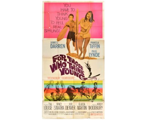 Original vintage three sheet movie poster for a college surfing film, For Those Who Think Young, starring James Darren, Pamel