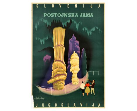 Original vintage travel poster for Postojnska Jama Slovenija Jugoslavija The Poster features an illustration of two ladies ad