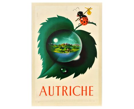 Original vintage travel poster for Austria featuring a great design depicting a ladybug with a bindle on its shoulder looking