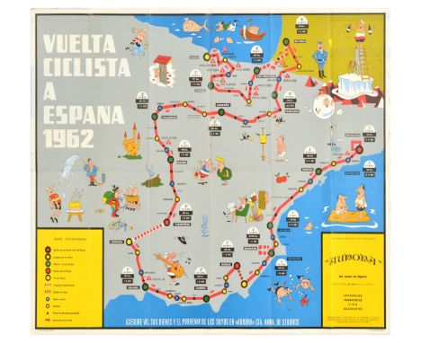 Original vintage illustrated map poster for the Vuelta Ciclista A Espana 1962 showing the cycling route of the 1962 Tour of S