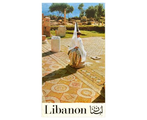Original vintage travel poster for Lebanon featuring a photograph of a lady seated on a ruin of an ancient temple, wearing tr