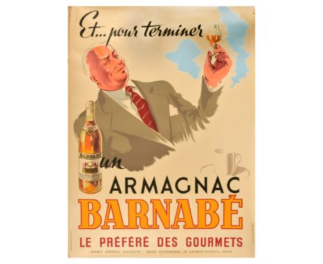 Original vintage French wine and spirits advertising poster for Armagnac Barnabe featuring an illustration of a gentleman rai