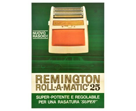 Original vintage advertising poster for Remington Roll-a-matic 25 electric razor featuring an illustration of the shaver set 