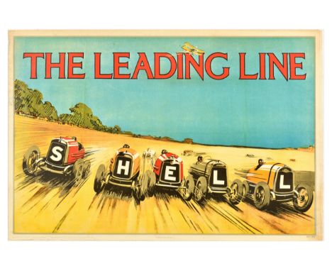 Vintage reproduction of an advertising poster - The Leading Line Shell - featuring a dynamic illustration of racing cars spee