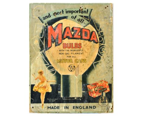 Original vintage advertising poster for Mazda Bulbs featuring an illustration of a lady admiring a large light bulb, the text