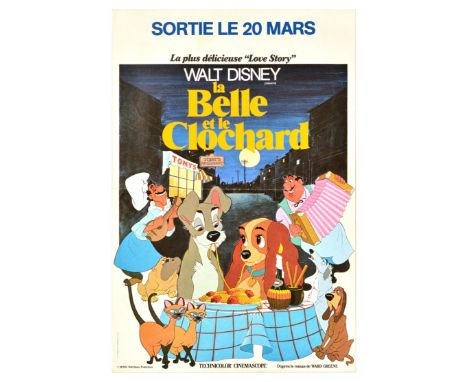 Original vintage movie poster for a 1955 Walt Disney animation Lady and the Tramp / La Belle et le Clochard, featuring a colo
