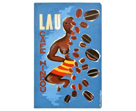 Original hand painted poster design maquette advertising Lau Cafe Hindou featuring an illustration of a woman in a red and ye