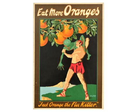 Original vintage advertising poster - Eat More Oranges, Jack Orange the Flu Killer - featuring an illustration of an athletic
