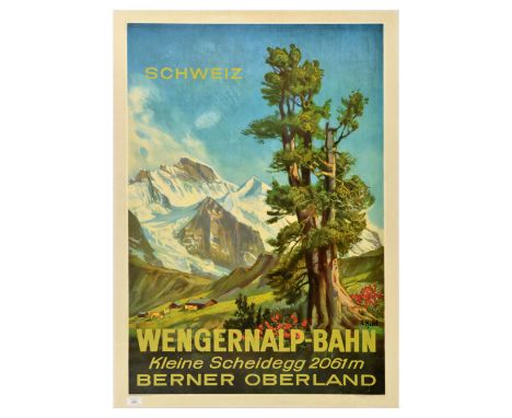 Original vintage travel poster for Switzerland and the Wengernalp-Bahn Railway - Design by Ernst Hodel (1881 – 1955) featurin