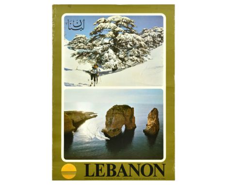 Original vintage travel poster for Lebanon featuring a photograph of skiers on a snowy slope with snow-covered trees, above a