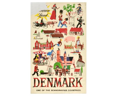 Original vintage travel poster advertising Denmark - Gay vacation land - One of the Scandinavian countries. Colourful and fun