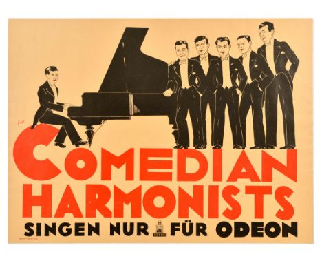 Original vintage advertising poster for Comedian Harmonists Singen nur fur Odeon / Sing only for Odeon, featuring an illustra