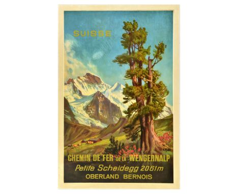 Original vintage travel poster for Chemin de Fer de la Wengernalp railway in the Bernese Oberland of Switzerland, the poster 