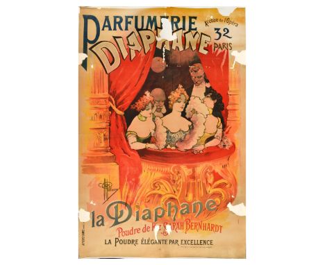 Set of 2 damaged original antique advertising posters. 1. Diaphane Rice Powder Sarah Bernhardt by the Parfumerie Diaphane fea