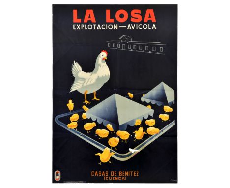 Original vintage advertising poster for La Losa poultry farm at Casas de Benitez Cuenca, featuring an illustration of a hen l