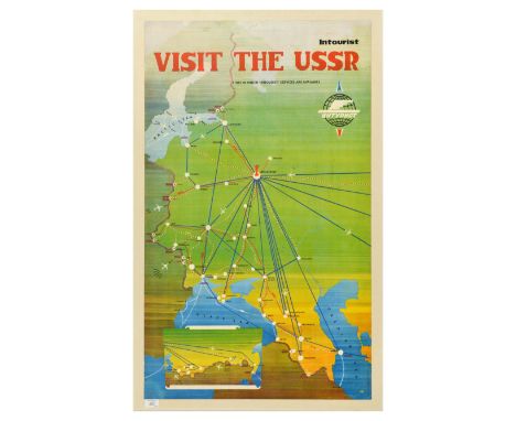 Original vintage travel advertising published by Intourist, and titled in bold red lettering, "Visit the USSR", with a map of