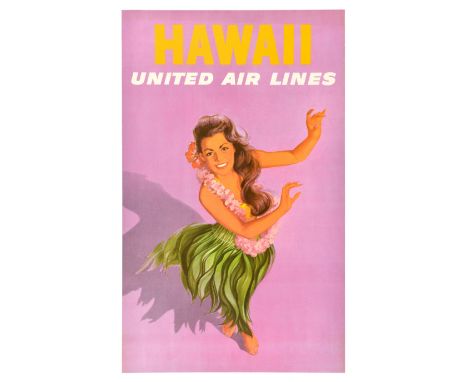 Original vintage travel poster for Hawaii by United Air Lines featuring an illustration of a smiling lady with a red flower i