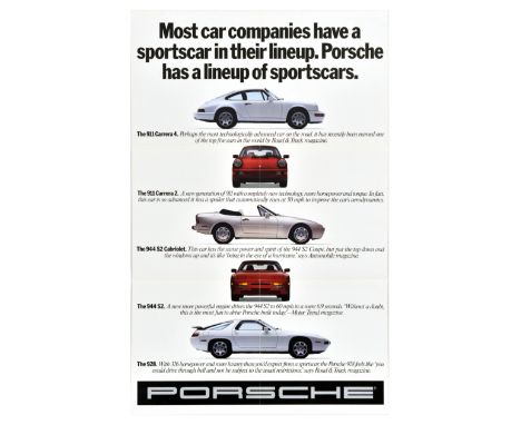 Original vintage advertising fold-out brochure poster for Porsche - featuring a lineup of sportscars the 911 Carrera 4, 911 C