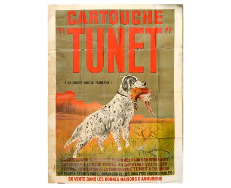 Original vintage advertising poster for Cartouche Tunet / Tunet Cartridge, featuring an illustration of a hunting dog holding