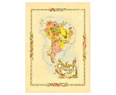 Original vintage travel poster Amerique du Sud / South America featuring a colourful map by French illustrator Jacques Liozu 